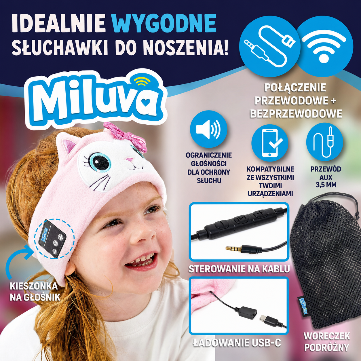 Miluva DreamBand™ – Bezprzewodowa opaska ze słuchawkami dla dzieci